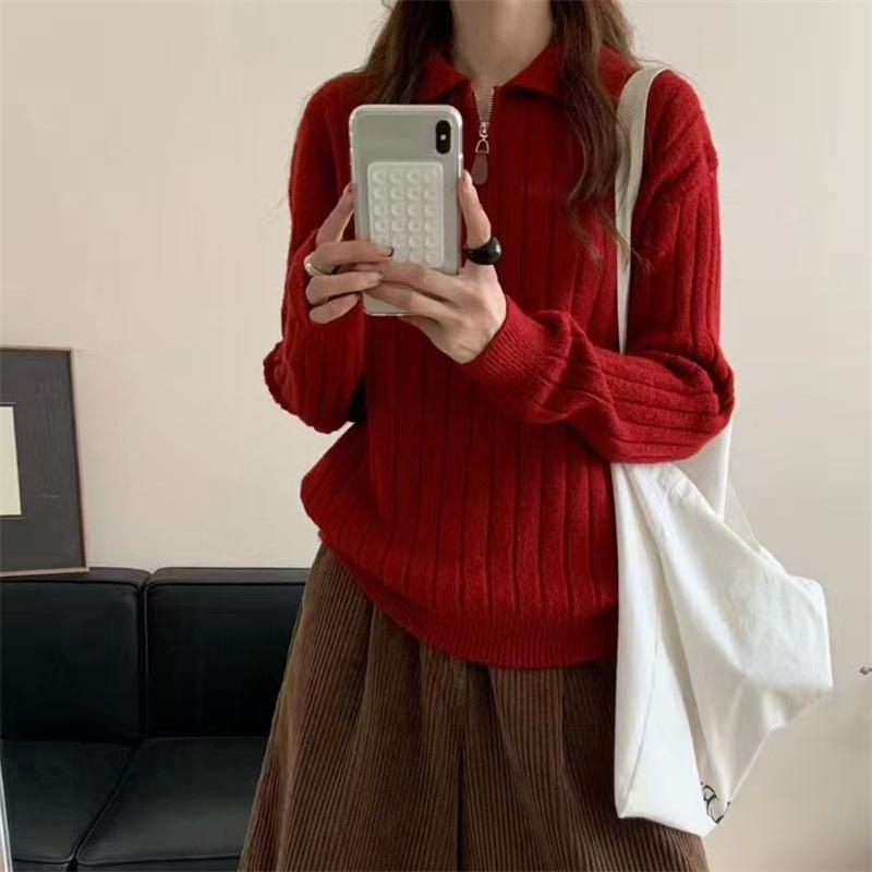 Korean version lapel double zipper pit striped thin knitted cardigan women's autumn and winter new Polo collar versatile sweater women's clothing