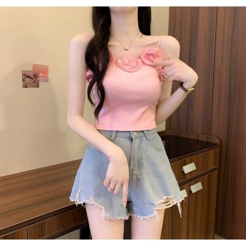 Short Tank Top With 3d Flower Embroidery For Summer Fashion Women