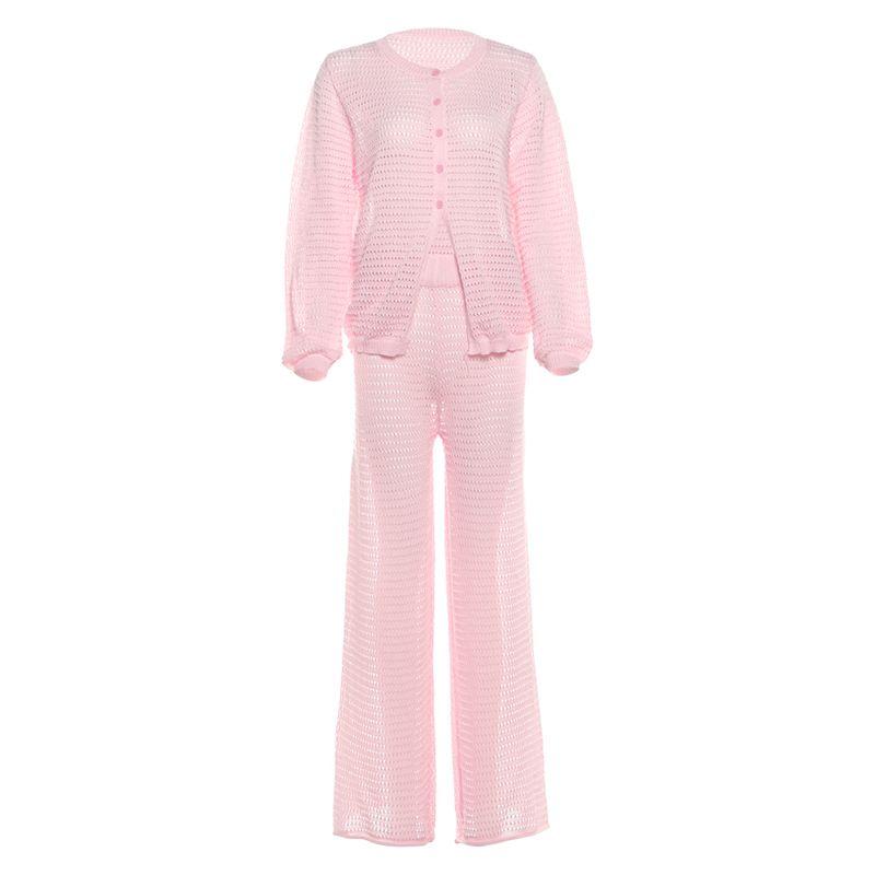 

# Sisjuly# Outdoor Travel OOTD Button Knitting Cut Out Long Sleeves Outwear Loose Pants Casual Suit Female Pink L