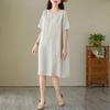 Women's Summer Lightweight Cotton Linen Dress, Japanese Minimalist Solid Color Round Neck Short Sleeve Loose Casual Midi Dress