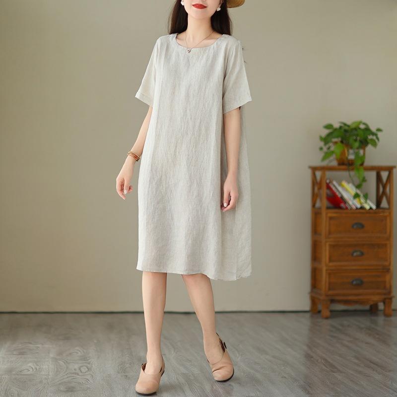 Women's Summer Lightweight Cotton Linen Dress, Japanese Minimalist Solid Color Round Neck Short Sleeve Loose Casual Midi Dress