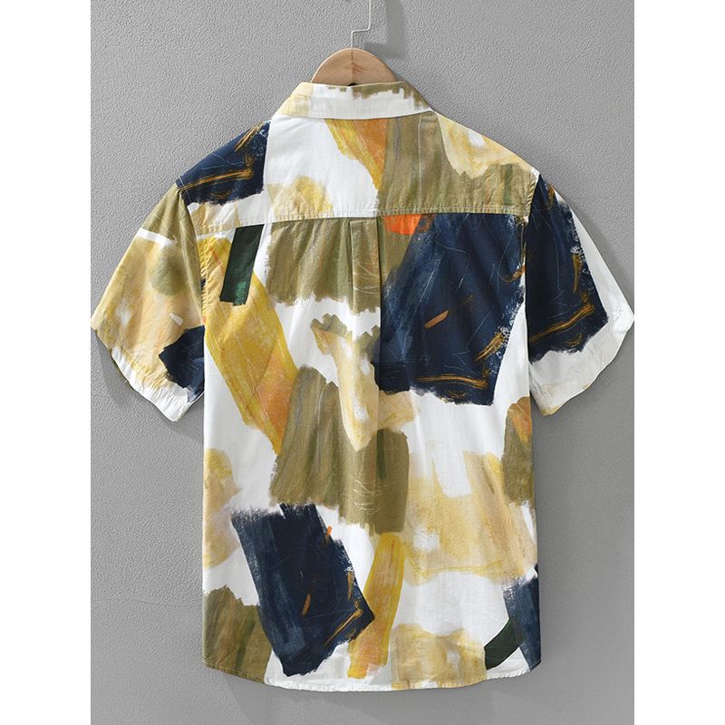 Summer Seaside Japan fashion Full Cotton Short sleeve Shirts Men's Fashion Pu Handsome Youth Graffiti over Print Shirt New
