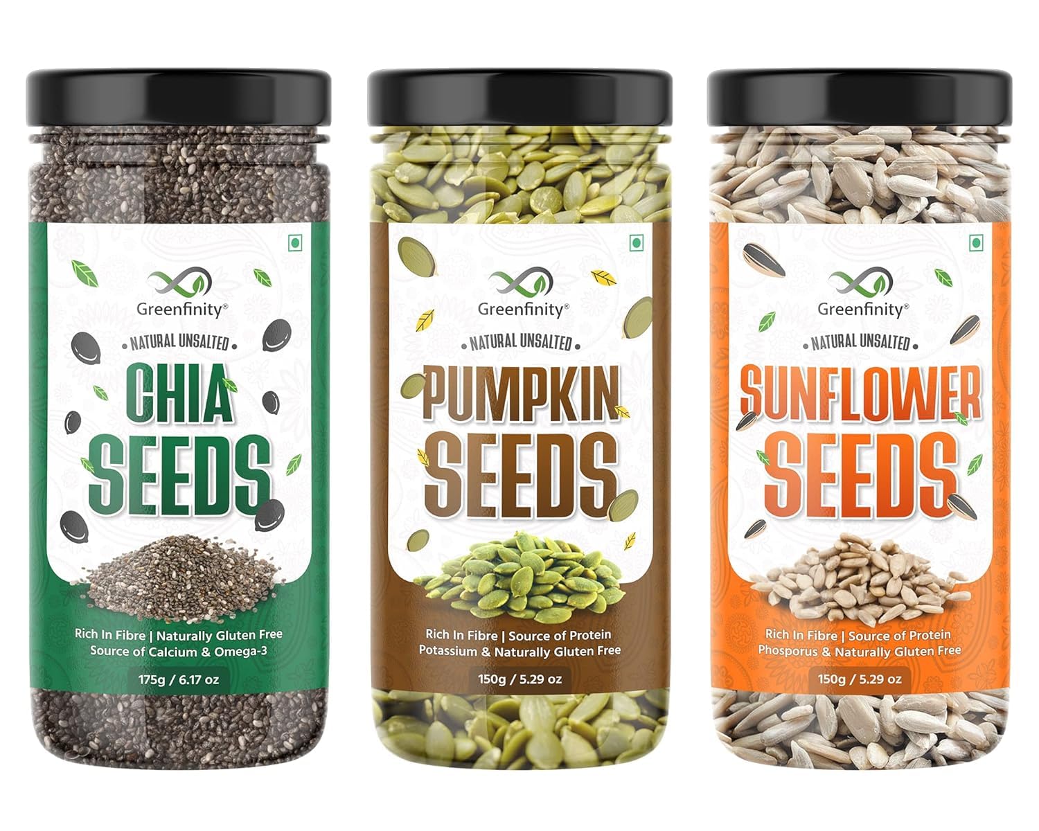 

GreenFinity Healthy Seeds Combo Pack- Pumpkin-150g, Sunflower-150g, Chia Seeds-175g | Rich in Fiber, Omega and Nutrients | Gluten Free Seeds for