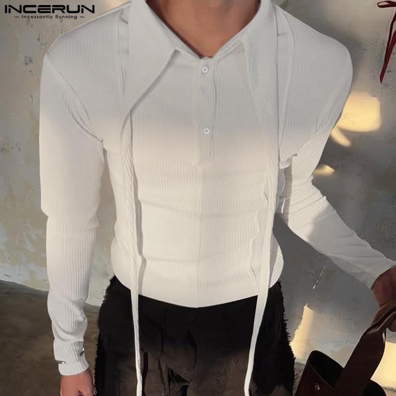 INCERUN Men Lapel Neck Long Sleeve Button Rib Texture Casual Tops T-shirts