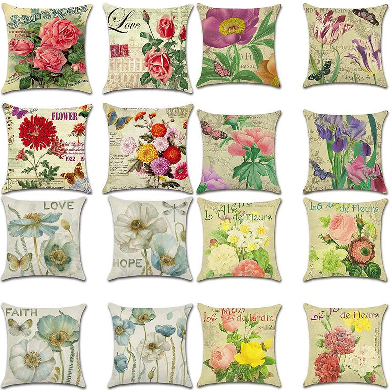 Retro Plant Floral Print Linen Pillow Case Home Living Room Sofa Car Cushion Pillow