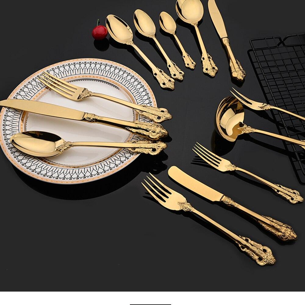 Retro Lyx Guld Silver Servis Vintage Silver 18/10 Rostfritt stål Middagskniv Gaffel Sked Bröllopsbestick Western servisset