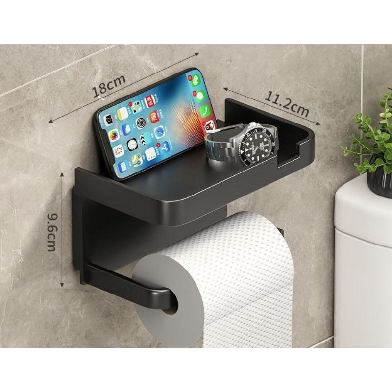 Toilet Paper Holder Black ABS No Drill Kitchen Storage Bathroom Accessories Self-Adhesive Wall Mounted Tissue Rack Mobile Shelf