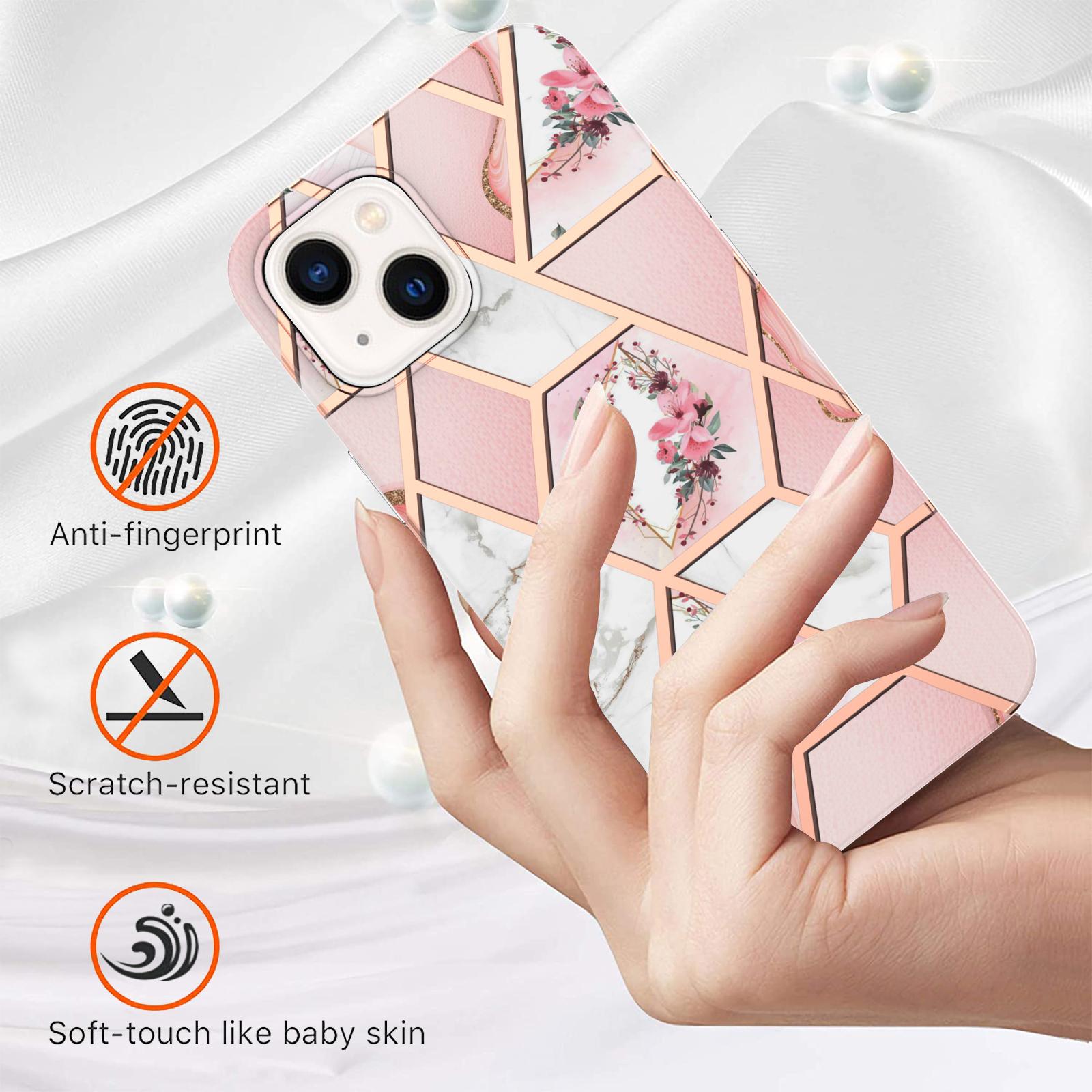 

For iPhone 15 Case with IMD Marble Flower Pattern TPU Mobile Back Cover Pink Flower