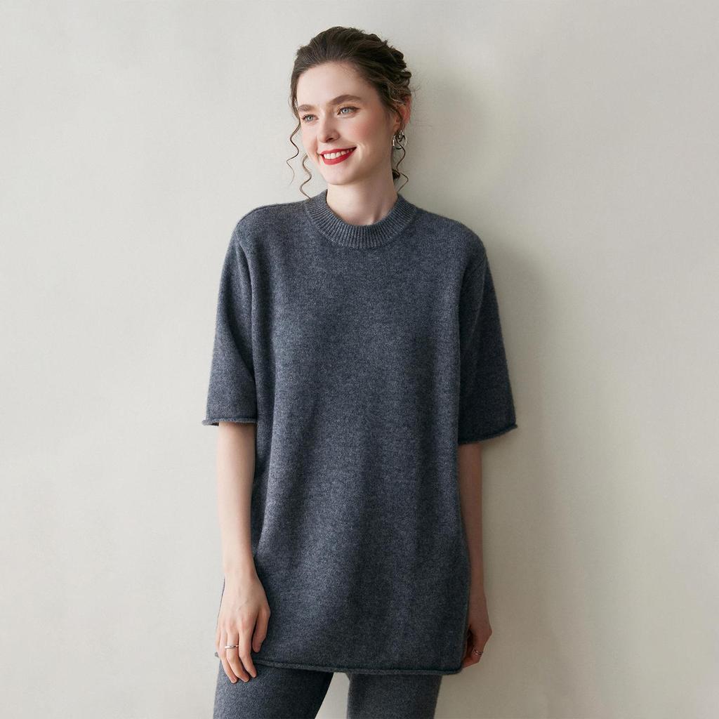Loose-Fit Cashmere Sweater: Mid-Length, Short-Sleeve, Round Neck, Slim Fit, Autumn/Winter Knitwear
