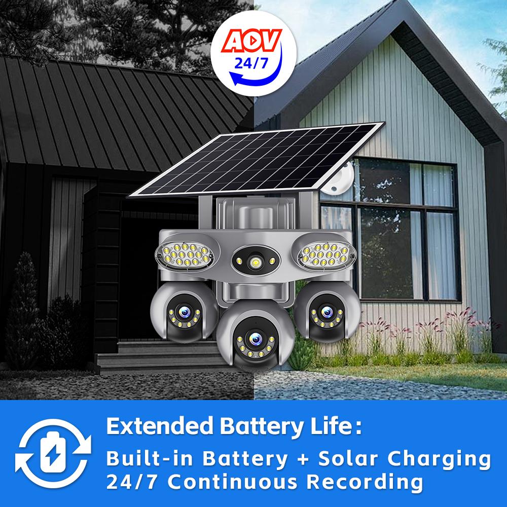 Solar PTZ Camera – 4G/WiFi Outdoor Security with 3-Screen View, Optional LED Light, 2-in-1 Surveillance & Night Lighting