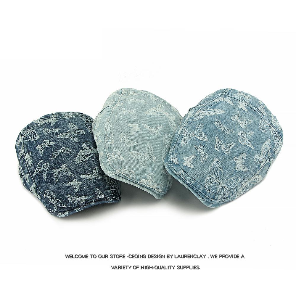 Denim Beret Women's British Vintage Forward Hat Sunscreen Sun Hat Jacquard Butterfly Cap