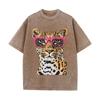 2026 Vintage Washed Black Cool Leopard With Pink Glasses Graphic T Shirt Animal Retro Print Oversized Men Casual Streetwear Shor