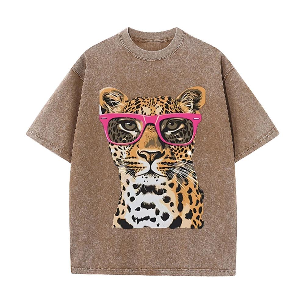 2026 Vintage Washed Black Cool Leopard With Pink Glasses Graphic T Shirt Animal Retro Print Oversized Men Casual Streetwear Shor