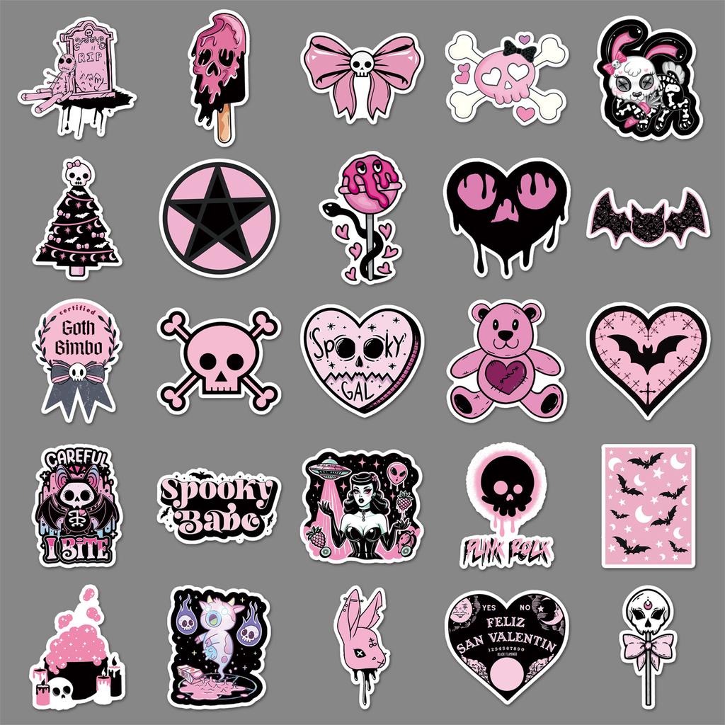 50 Black Pink Gothic Stickers Creative Cool Trend Diablo Skull Decoration Computer Skateboard Guitar Stickers