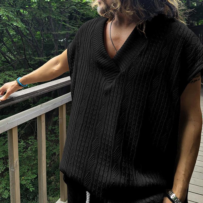 Gilet a maglia grossa da uomo, tinta unita, scollo a V, senza maniche, vestibilità larga