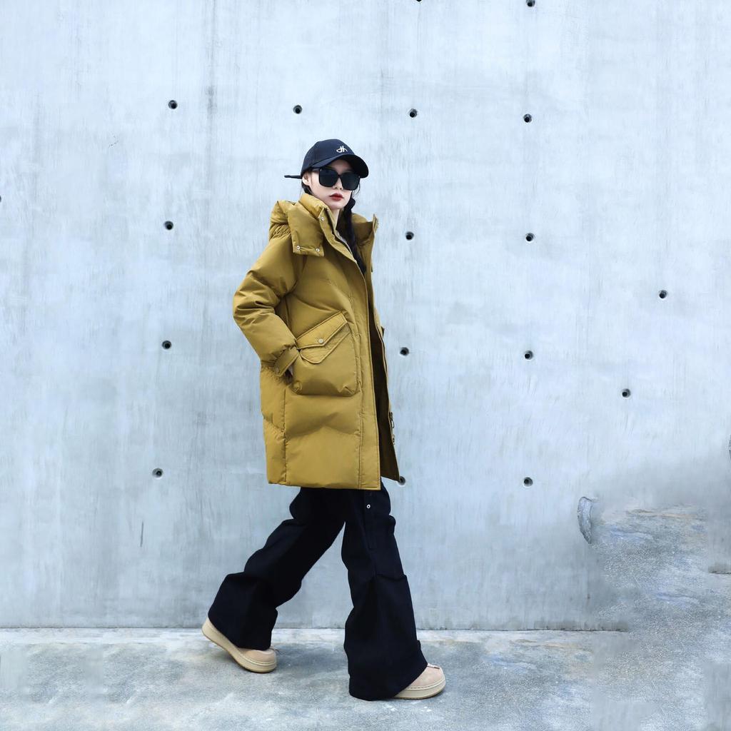 Women's Winter Autumn Thick Hooded White Duck Down Jacket Coat Loose Middle Long Solid Color Big Pocket Detachable Hat Down Coat