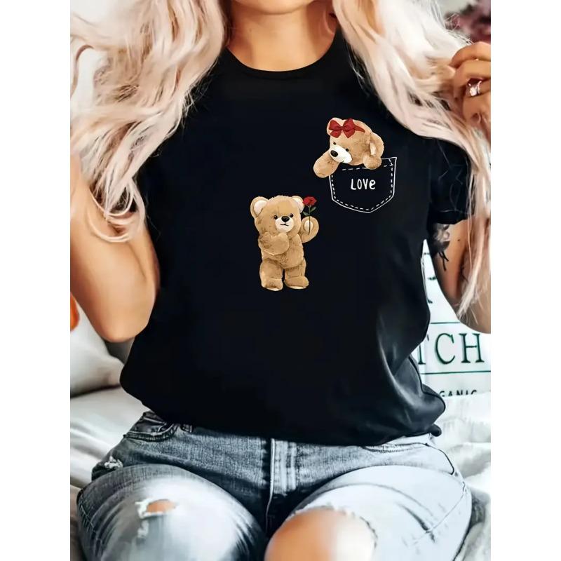 

Футболка - Футболка с принтом плюшевого мишки, Свободный крой, скрывающий недостатки фигуры, В сочетании с брюками широкого кроя создает ощущение парижской уличной фотографии S чёрный