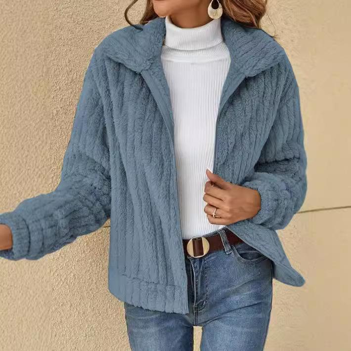 Women Fleece Basic Jacket Casual Female Turn Down Collar Teddy Pit Warm Zip Up Short Coats