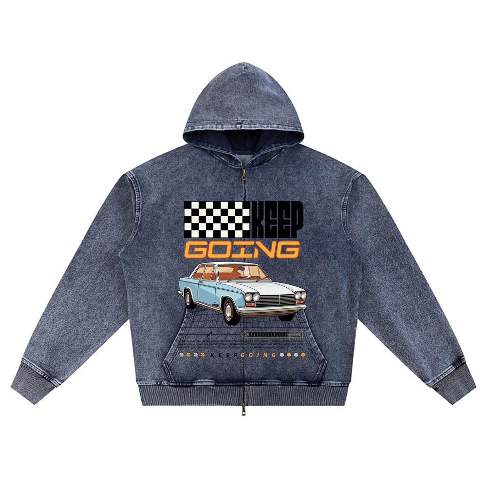 

Худи на молнии из вязаного денима с принтом DTG Keep Going Ретро автомобиль Брат XL темно-синий