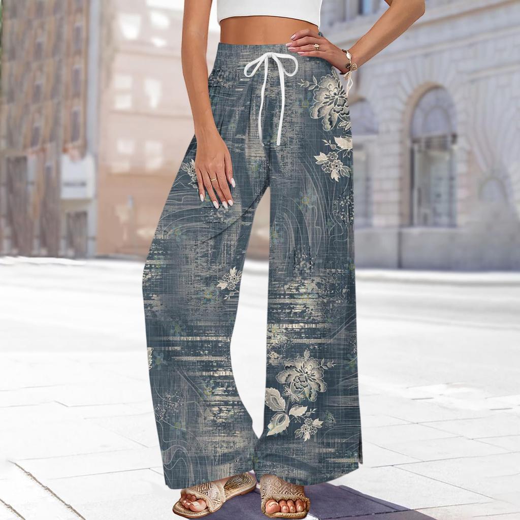 Pantaloni da donna stampati a gamba larga con tasche, vita alta con coulisse, pantaloni casual larghi
