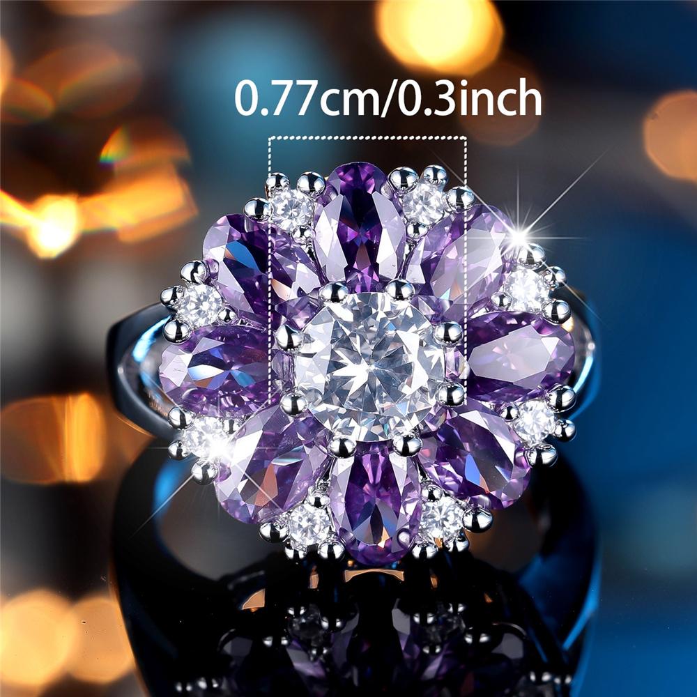 Cute Female Purple Zircon Stone Flower Ring Silver Color Engagement Charm Wedding Jewelry For Women