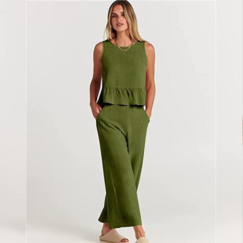 

Летний женский комбинезон, удобный повседневный плиссированный жилет без рукавов, широкие брюки, брюки с девятью точками, повседневный костюм L армия зеленый