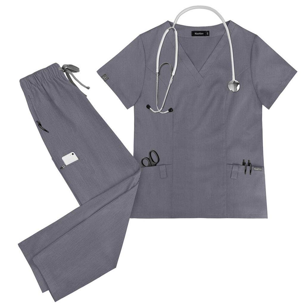 Damen Kurzarm Farb V-Ausschnitt Tasche Oberteil Hose Arbeitskleidung Zweiteiliges Set