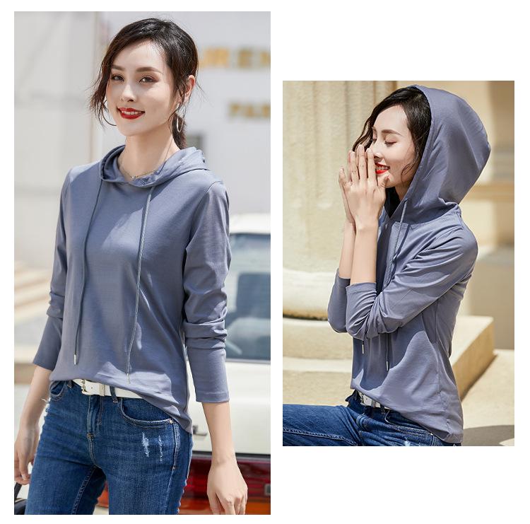 80s-Inspired Women's Long Sleeve Mercerized Cotton Hooded T-Shirt - Lightweight, Comfortable Sweatshirt