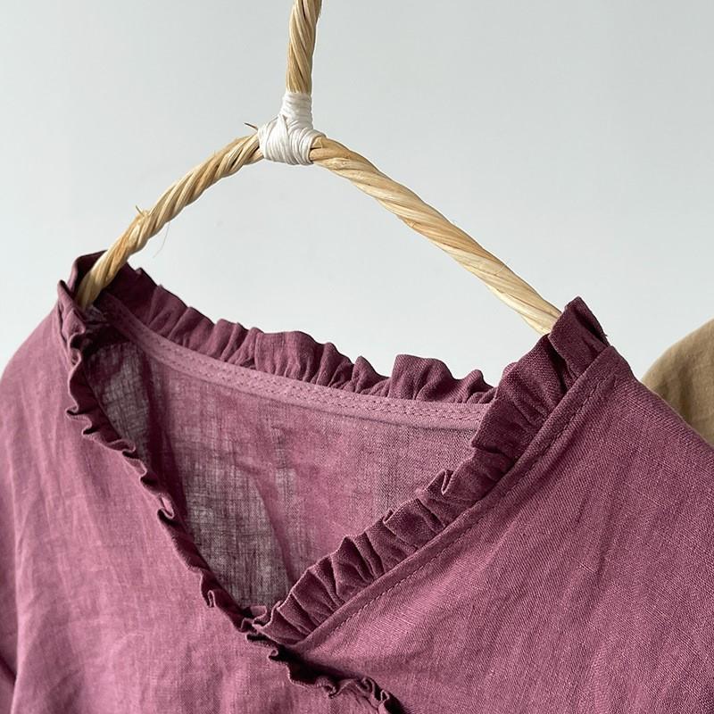 Johnature Vintage Damen Einfarbiges T-Shirt V-Ausschnitt Langarm Herbst Chinesischer Stil Locker Weibliches T-Shirt