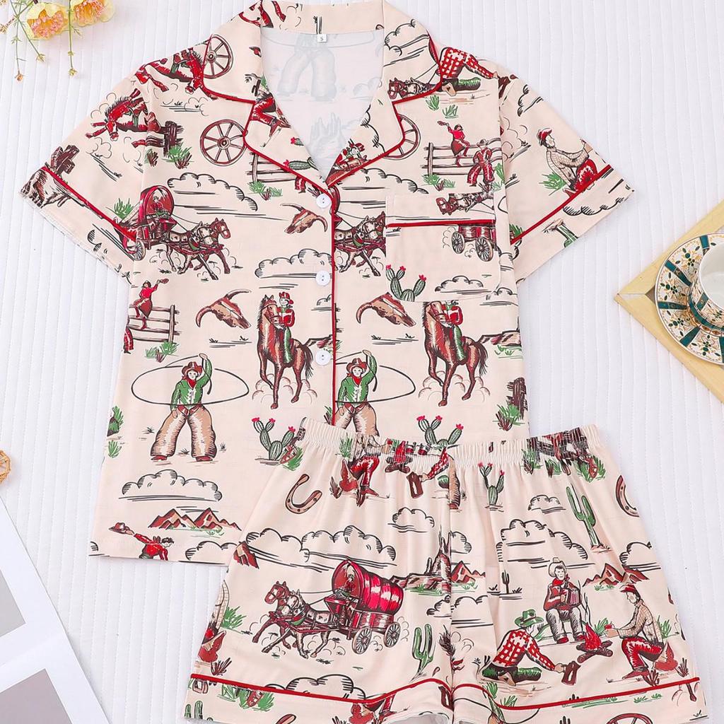 2025 Summer Multi-Color Print Short Sleeve Shorts Homewear Set