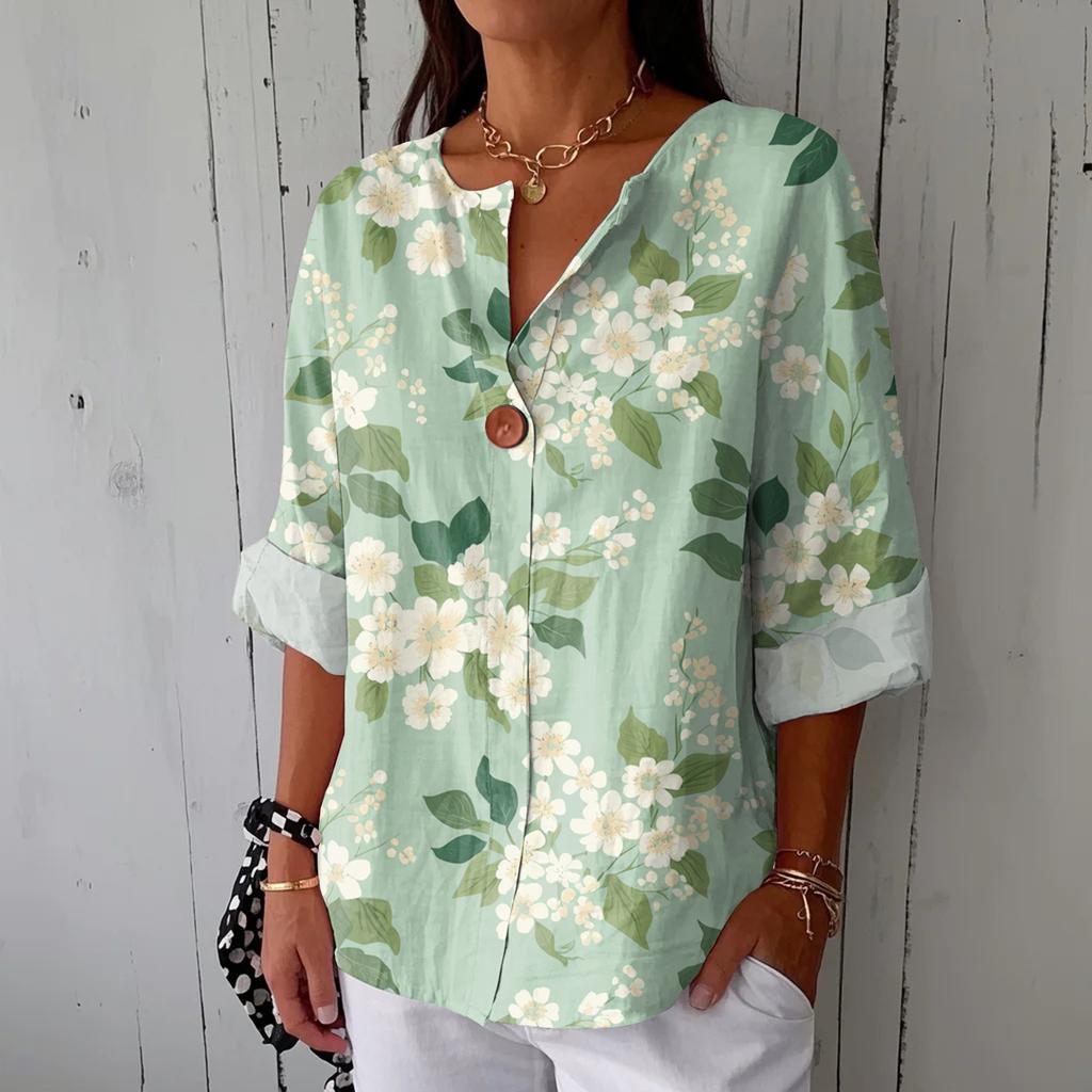 Women's Fashionable Casual V-neck Button Seven Quarter Sleeve Printed Cotton And Linen Top