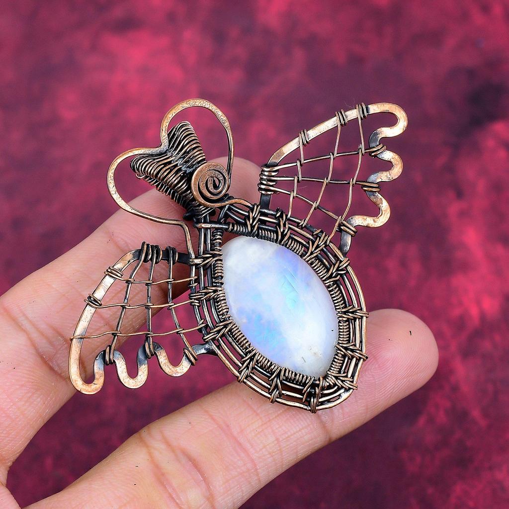Rainbow Moonstone Pendant Butterfly Gemstone Pendant Copper Wire Wrapped Jewelry