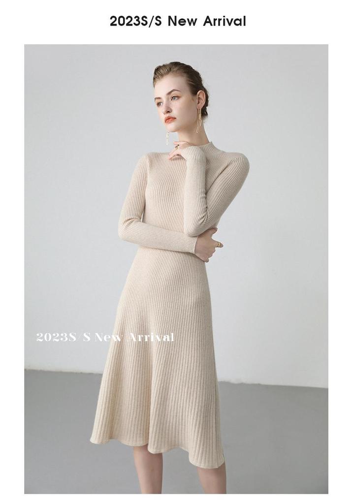 Women's Slim-Fit Over-the-Knee Cashmere Sweater Dress with Half-High Collar and Long Sleeves for Autumn-Winter.