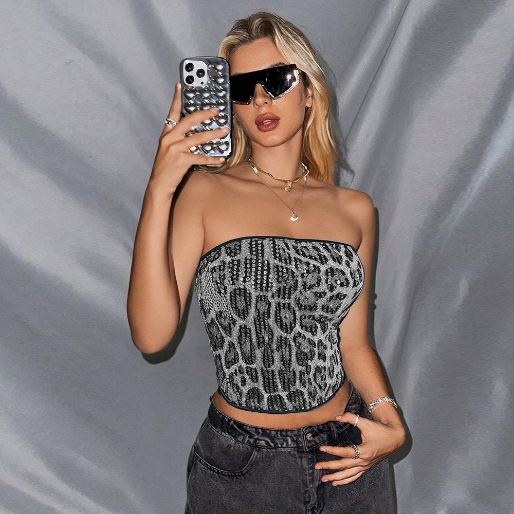 

Leopard Print Sequin Bandeau Top - European Style Trendy Party Wear for Women XL сірий колір/леопардовий
