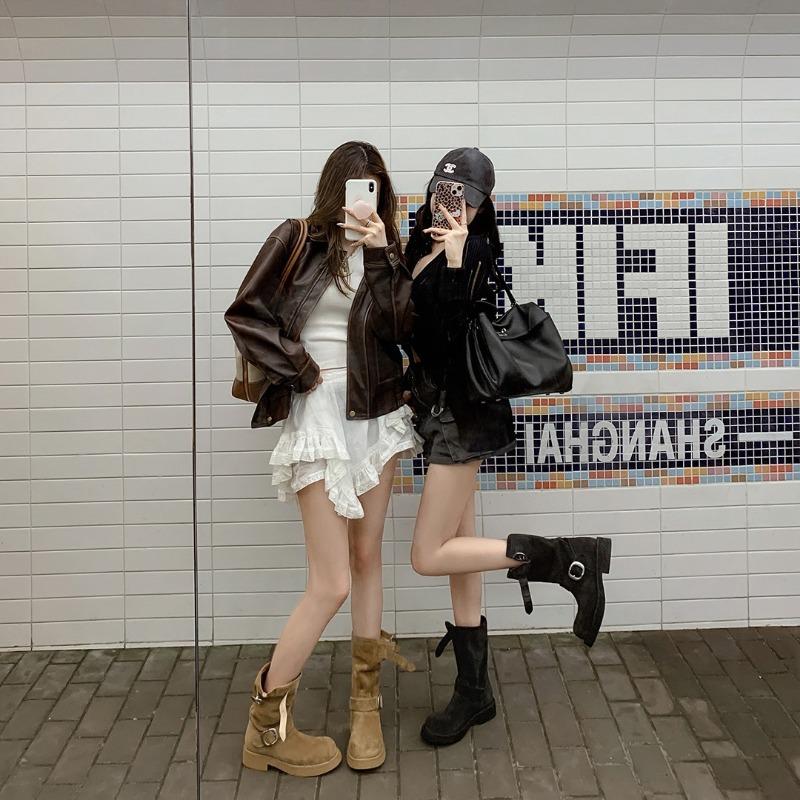 Thick-soled locomotive buckle belt short boots women's Martin boots stacking boots belt buckle