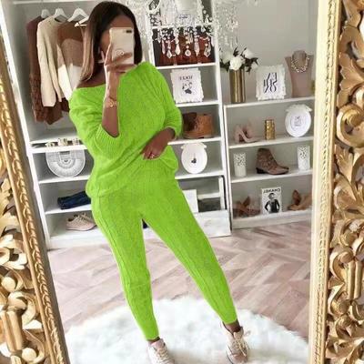 Solid Knitted Matching Two-piece Set Casual Long Sleeve Sweater and Pants Outfits Women's Clothing Plus Size