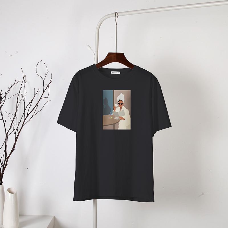 Hirsionsan T-shirt i bomull med löst tryck Dam Sommar Casual Nya Koreanska Trendiga Kortärmade T-shirts Kvinna Cool Girl Ins Toppar