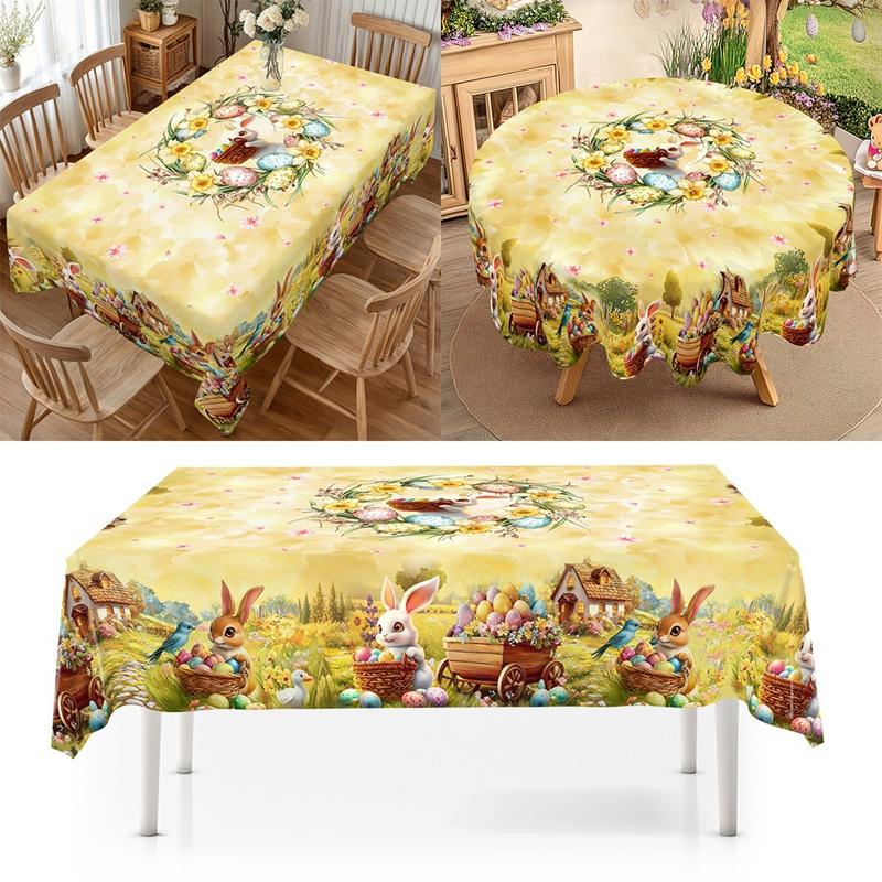 Rustic Easter Tablecloth Bunny Eggs Table Cover Farmhouse Easter Decorations for Home Kitchen Dining Spring Garden Tablecloth