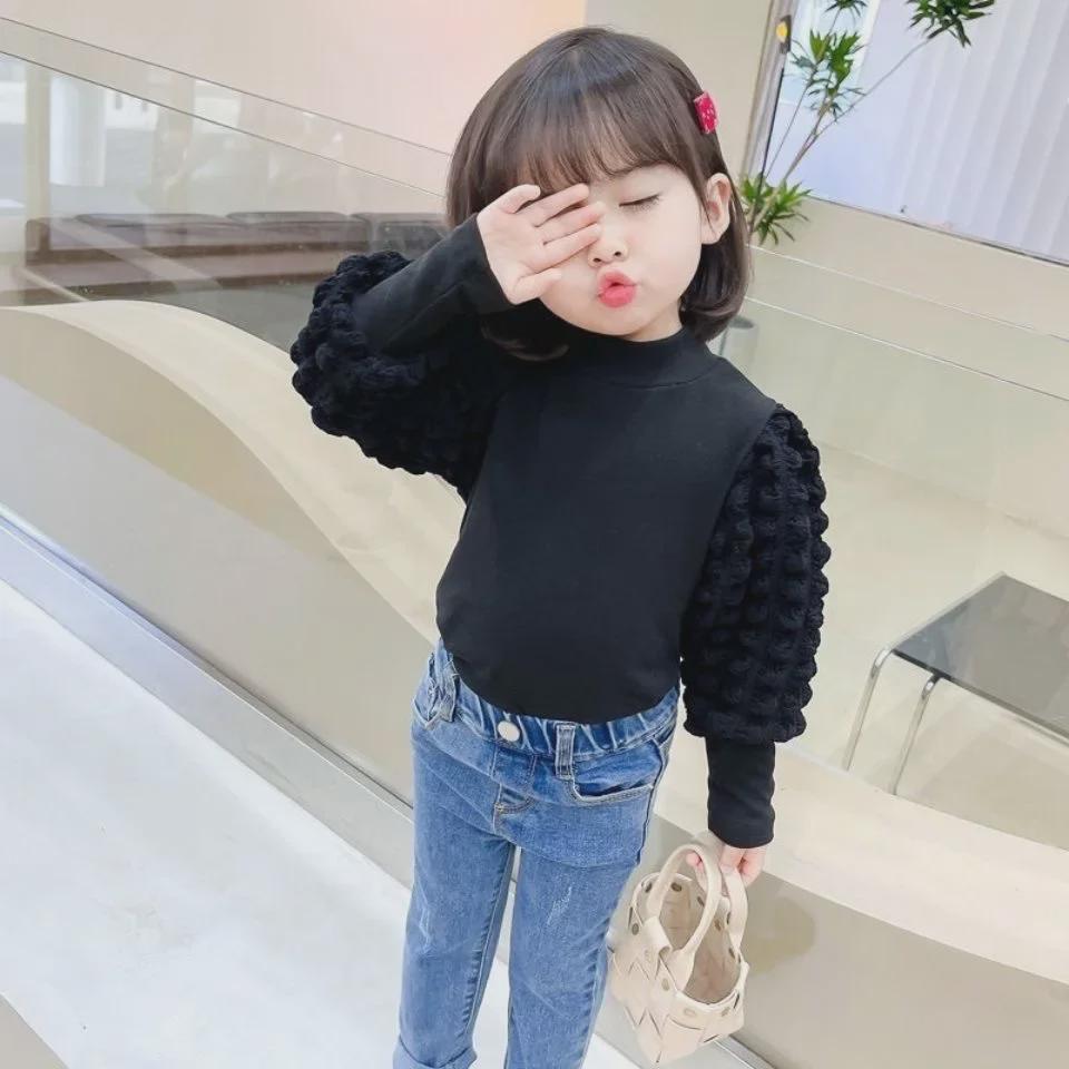 Girls' Thickened Puff Sleeve Long-Sleeve T-Shirt, Half-High Collar, Spring/Autumn , Baby & Toddler Top