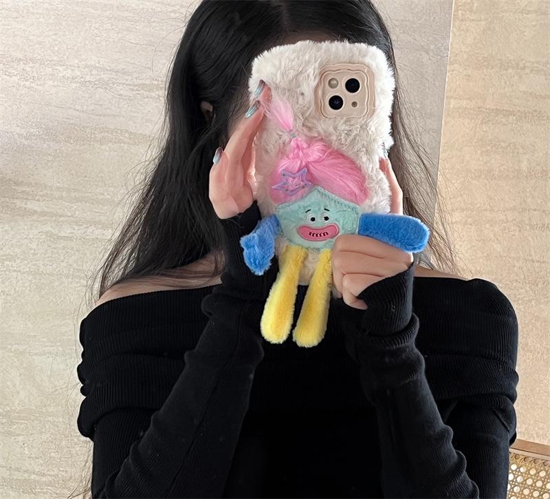 Dopamin Apfel 15 Plüsch Cartoon Puppe Handyhülle mit Halterung - Niedliches Silikon Anti-Fall Design