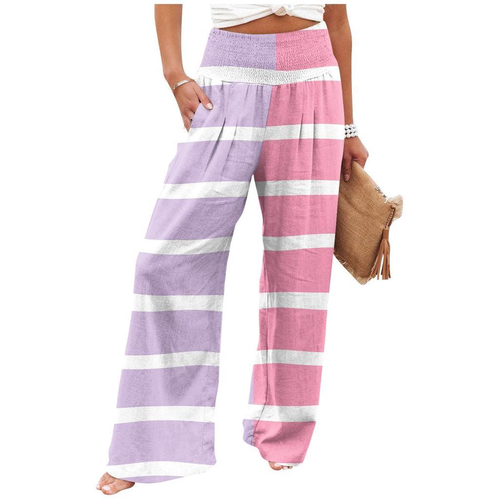 Women's Summer Elastic Waist Striped Printed Cotton And Linen Loose Trousers