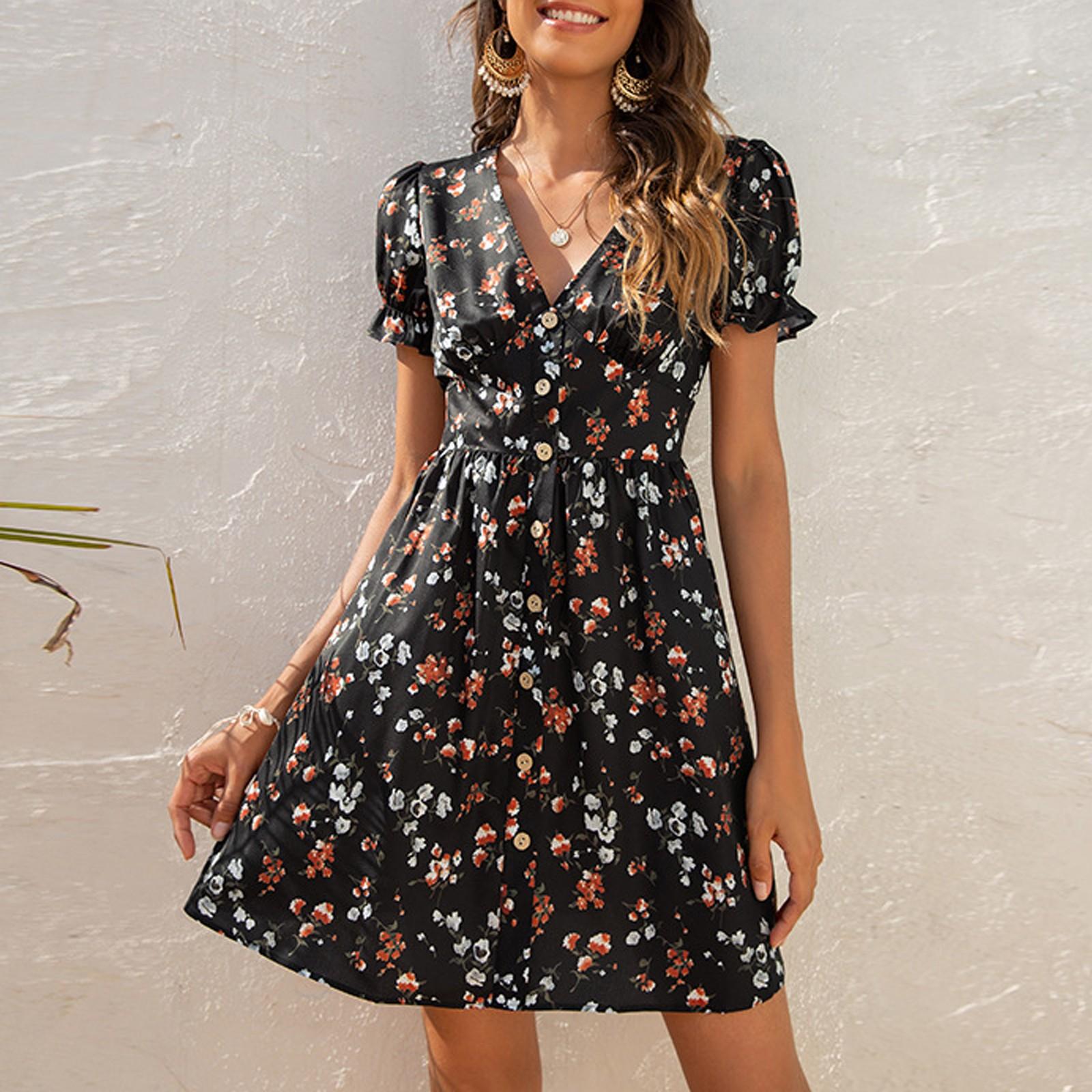 Women s Casual Puff Sleeve Summer Floral Ruffles Button Beach Dresses L чёрный