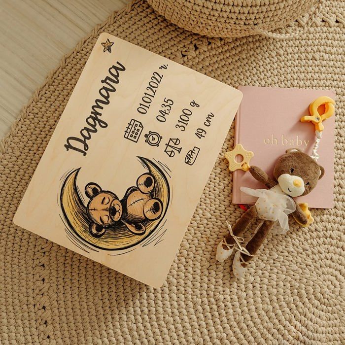 Coffret souvenir naissance en bois - Coffret de naissance fille - Coffre à souvenir - 40 x 30 x 14 cm - Motif Ours en peluche