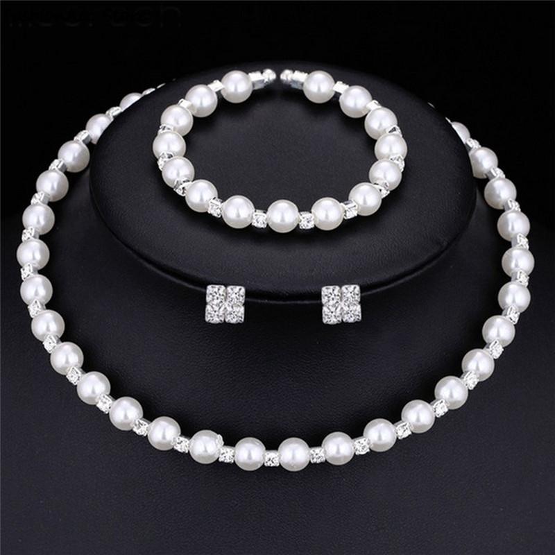

Beads Bracelet Earring Necklace Set Trendy White Simulated Pearl & Rhinestone Women Wedding/Party Jewelry Sets Gift 14