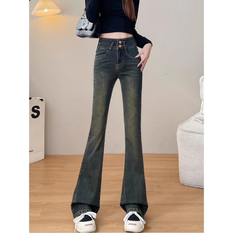 Cement Gray High-Waisted Micro-Flare Jeans with Fleece Lining for Women - Autumn/Winter 2023 Slimming Style.
