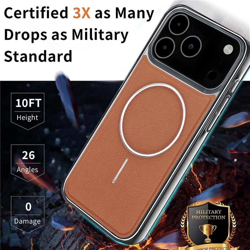 Brown Leather Magnetic Charging Phone Case For iPhone 17 12 13 14 15 16 Pro Max Air Luxury Plating Ultra Thin Shockproof Cover