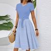 Women's Casual Fashion Belted Striped Printed Short Sleeve Round Neck Elegant Flowing Dress