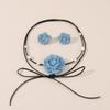 Collier Chaîne Corde à Lacets Tissu Jean Bleu Collier Ras-du-cou Fleur Ensemble Boucles d'Oreilles pour Femmes Bijoux de Mode Cadeau