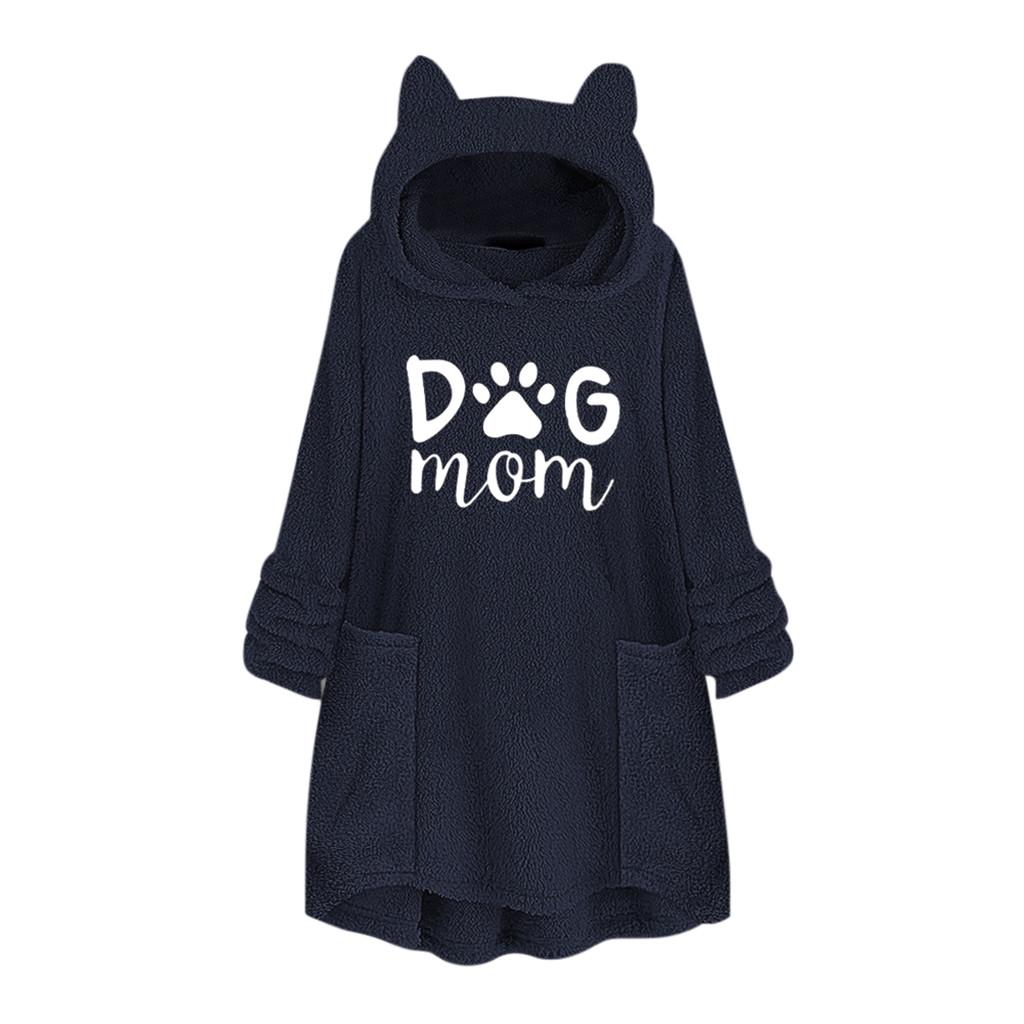 Kadın Polar Nakış Kedi Kulak Artı Boyutu Hoodie Cep Üst Kazak Bluz
