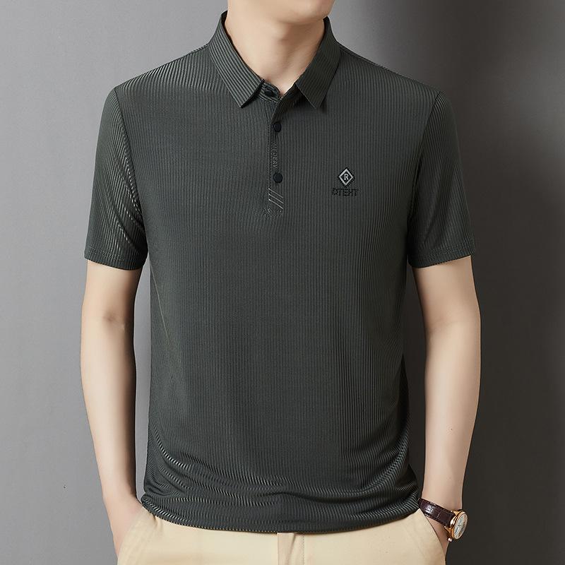 Yaz Yeni Stil Buz İpek Dikey Çizgili Preslenmiş Elmas Ana Model Erkek Orta Kollu Tişört Erkekler için Genç Polo Tişört